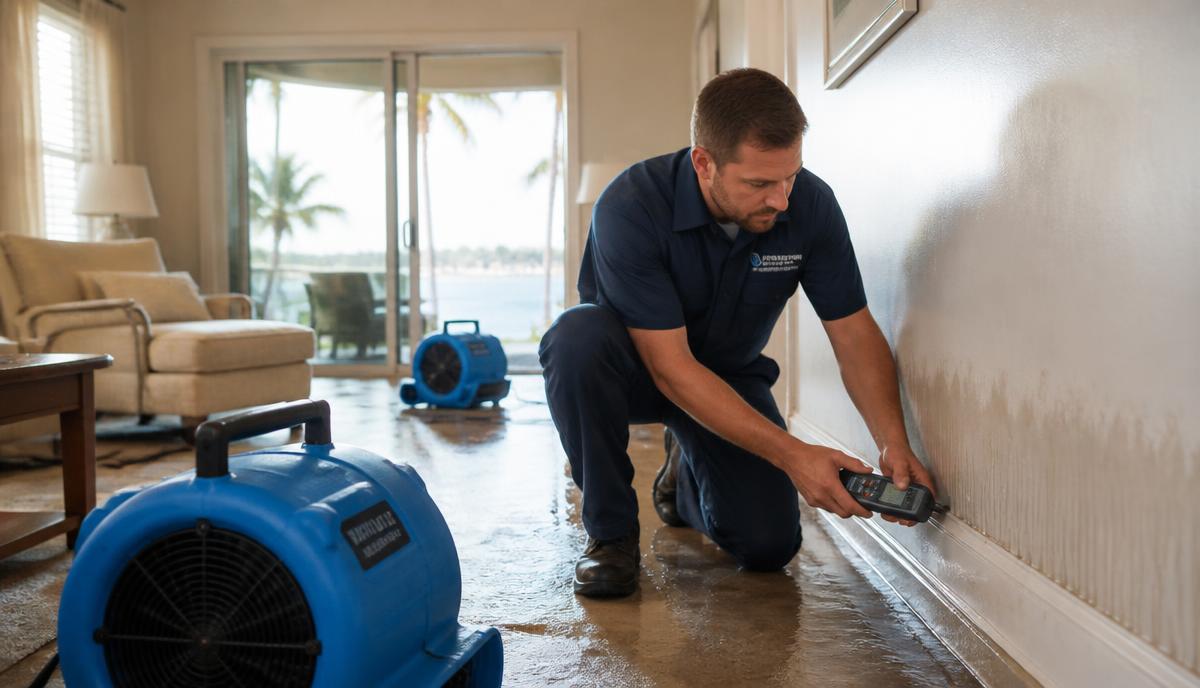 Restoration technician checking a wet baseboard with a moisture meter while air movers dry a Freeport, FL living room
