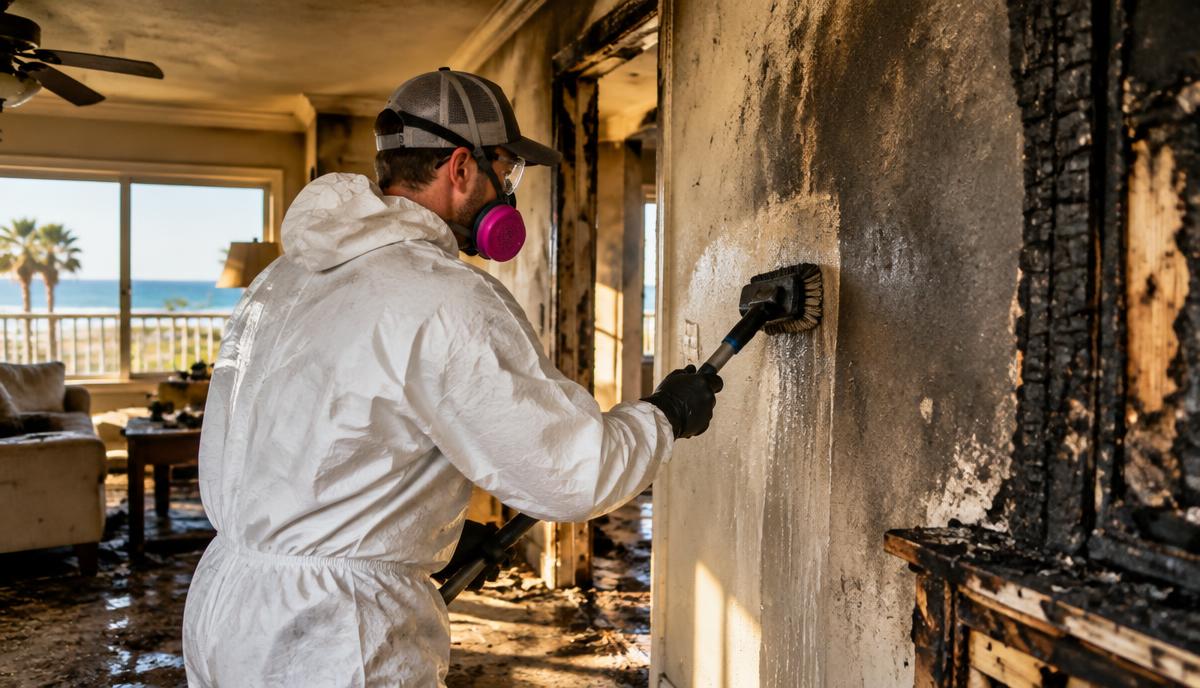 A restoration technician removes soot from a wall during fire and smoke damage cleanup in a Freeport-area home