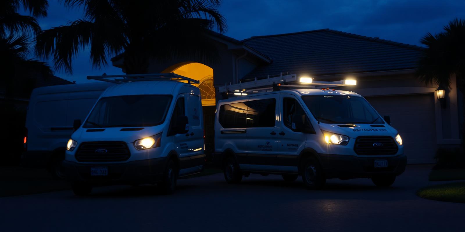 All Clear restoration crew arriving at a home at dusk